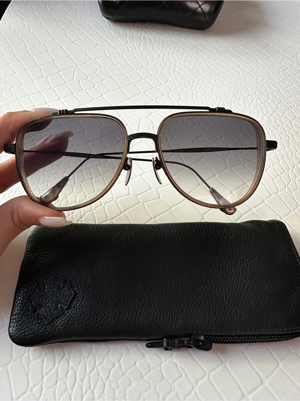 Chrome Hearts Black Frame Sunglasses with Brown Trim and Gray Gradient Lenses - Picture 2 of 9